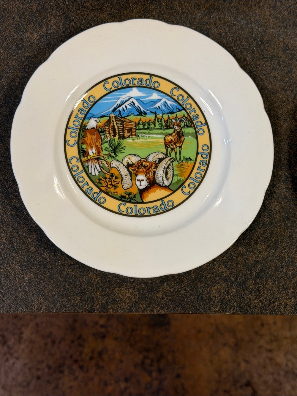 Colorado Scenic White Decorative Plate with Mountain Ram Design